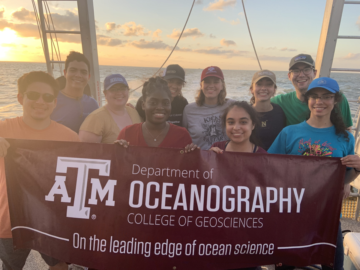 The 2019 cohort of Observing the Ocean REU students aboard R/V Pelican. (Photo courtesy of Dr. Lisa Campbell.)