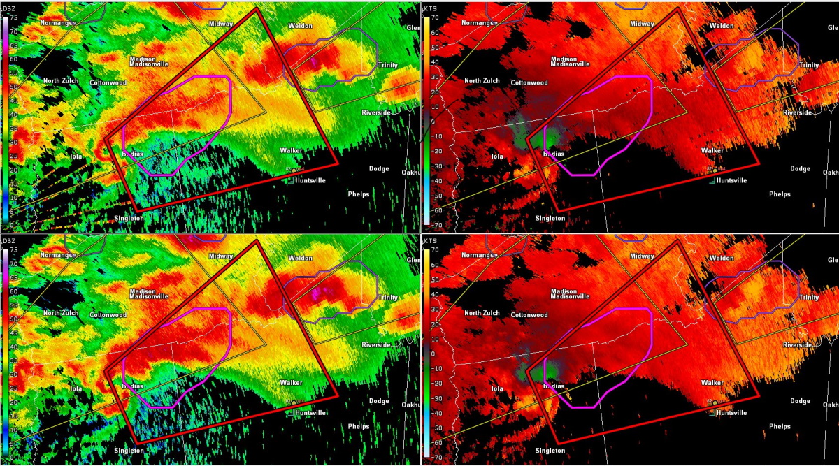 Radar imagery from the ATMO radar at 10:24 p.m. that evening, showing the supercell thunderstorm that produced the tornado near Trinity.