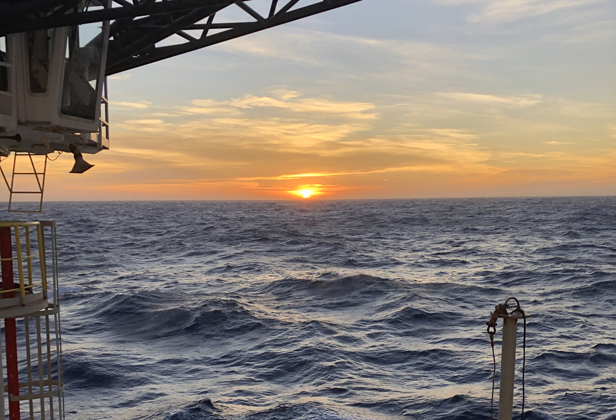 Sunset over the Pacific Ocean during transit aboard the JOIDES Resolution. (Photo by Dr. Ulla Roehl.)