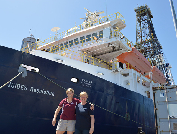 IODP Expedition 378 Co-Chief Scientists Dr. Debbie Thomas and Dr. Ursula Röhl, at the beginning of the expedition. (Photo courtesy of Dr. Debbie Thomas.)