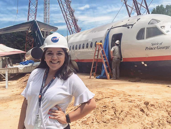 As a NASA Langley intern in 2019, Castillo toured the dropsite where a plane had been dropped from over 100 feet in the air for testing. (Photo courtesy of Ariana Castillo.)