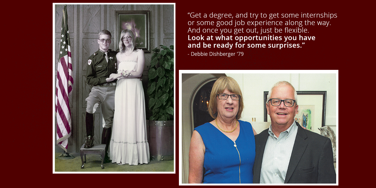 Left: Mike and Debbie Dishberger, then Debbie McLean, at Boot Dance at Texas A&M in 1978. Right: Debbie and Mike Dishberger in 2019. Debbie's advice to Aggies: “Get a degree, and try to get some internships or some good job experience along the way. And once you get out, just be flexible. Look at what opportunities you have, and be ready for some surprises.” (Photos courtesy of the Dishbergers.)