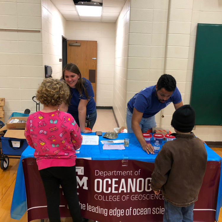 Victoria Scriven and fellow oceanography student at a TAMU Ocean outreach event with the Franklin ISD School Science Fair. (Photo Courtesy of Victoria Scriven)