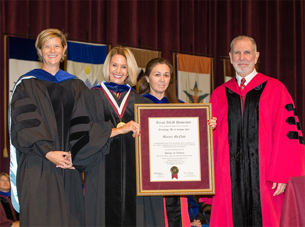 At Texas A&M’s Aug. 9 commencement ceremony: Dean of the College of Geosciences Dr. Debbie Thomas, NAS President Dr. Marcia McNutt, Dean of Faculties and Associate Provost Dr. Blanca Lupiani, and University President Michael K. Young. (Photo courtesy of Texas A&M.)