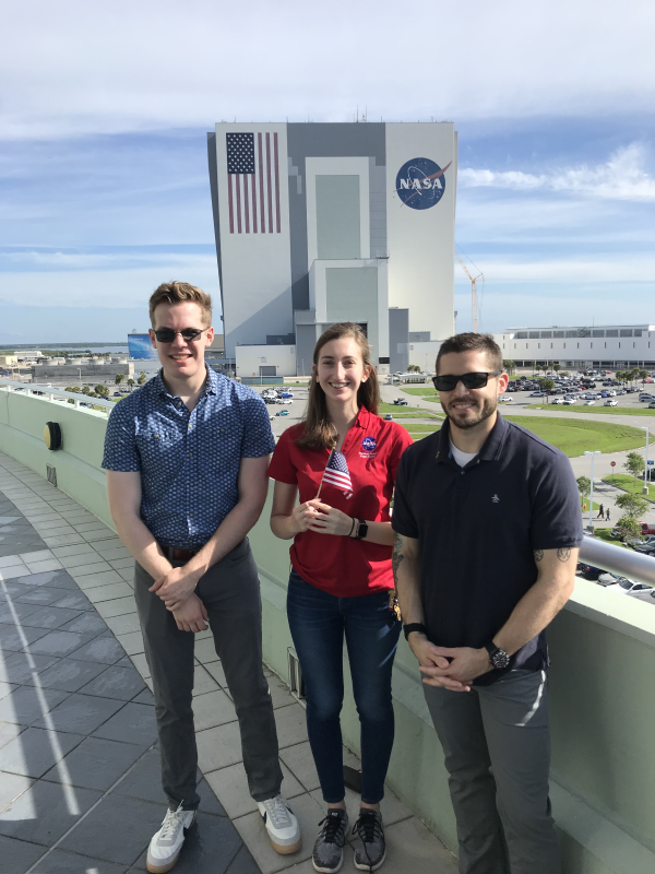 NASA Pathway Interns at the Kennedy Space Center: Stephen Grabowski from Purdue University, McKynzie Perry from University of Alabama at Huntsville, and Lance Belobrajdic (from left to right). (Photo courtesy of Stephen McConnell, NASA.)