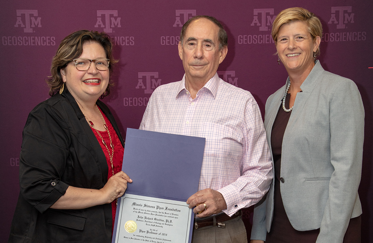 Texas A&M Associate Dean of Faculties Dr. Heather Wilkinson, Geology and Geophysics Professor Dr. Rick Giardino, and Dean of the College of Geosciences Dr. Debbie Thomas. (Photo by Chris Mouchyn, Texas A&M Geosciences.)