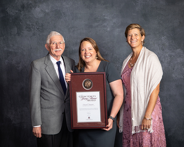 Dr. Elizabeth Satterfield received the 2019 Geosciences Young Alumni Award; pictured with Dr. Jerry North, and Dr. Debbie Thomas.