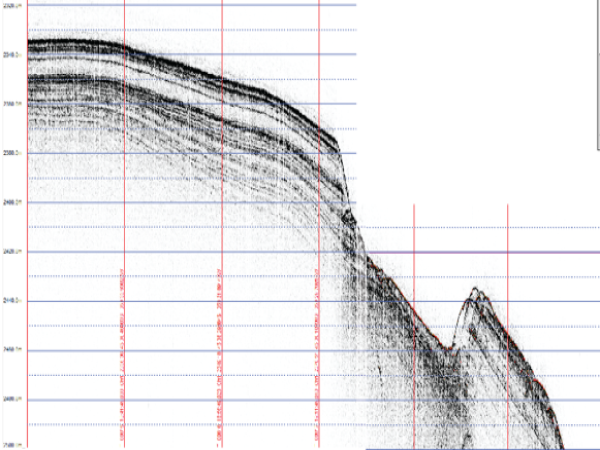 Higher-resolution images of the upper few tens of meters of the seabed were obtained using a chirp subbottom profiler, which relies upon higher frequency sound pulses than those made by the air-guns. Layers are clearly shown by black lines on this subbottom profile image, which represents a cross section of the seabed. (Photo courtesy of Niall Slowey.)