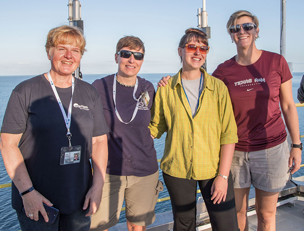 Ursula Röhl, Co-Chief Scientist; Lisa Crowder, Laboratory Officer; Laurel Childress, Expedition Project Manager/Staff Scientist; and Debbie Thomas, Co-Chief Scientist, aboard the JOIDES Resolution. (Photo by Tim Fulton, IODP JRSO) 