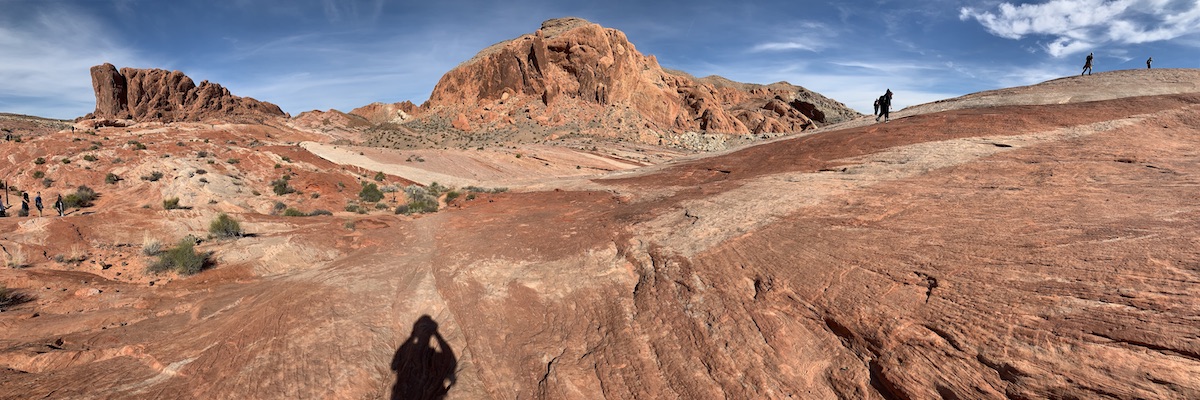 Panoramic image of students atop the Aztec sandstone in Valley of Fire State Park, NV. (Photo courtesy of Dr. Brian Balta.)