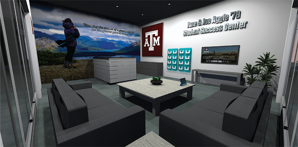 A rendering of the proposed student success center in the O&M Building. Identification of space for a student success center in the Halbouty Building is pending. (Image by Chris Mouchyn, Texas A&M Geosciences.)