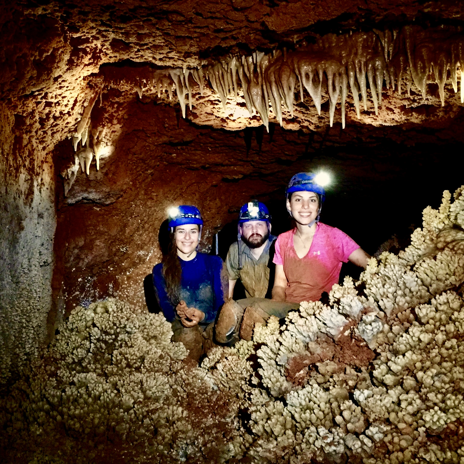 Dr. Chris Maupin, Audrey Housson ’16, and Lorraine McChesney ’16 half a mile underground in a Williamson County cave. (Photo by Chris Maupin)
