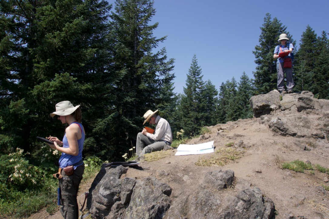 TAMU M.S. student Maria, Oregon State University professor Andrew Meigs, and TAMU undergraduate student Sarah doing field work in the Cascades, Oregon (Photo credit: Dr. Nick Perez)