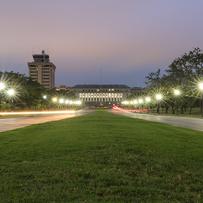 Entry to campus looking at the Administration Building at Texas A&M. (Photo Courtesy of Stephen Thomas)