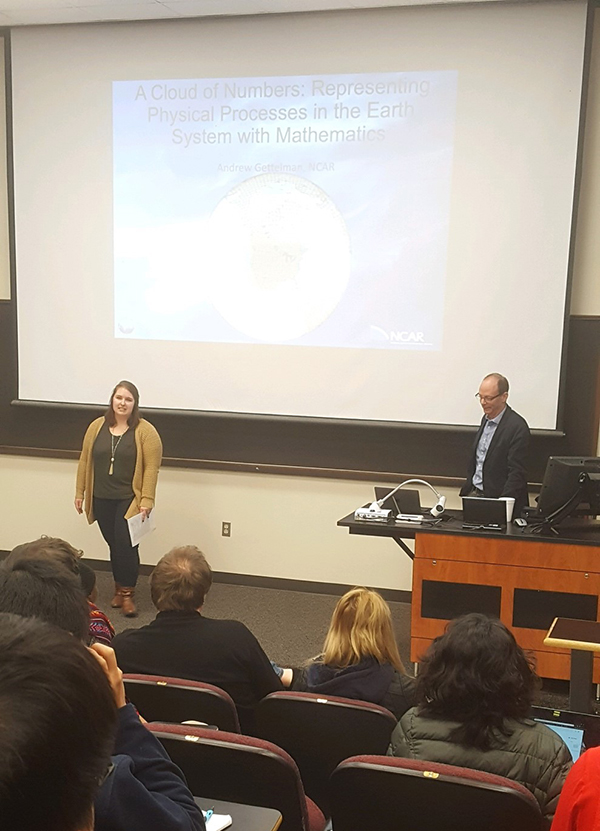 Etten-Bohm introduces AGSC invited speaker, Dr. Andrew Gettelman at a department seminar. (Photo Courtesy of Montana Etten-Bohm)