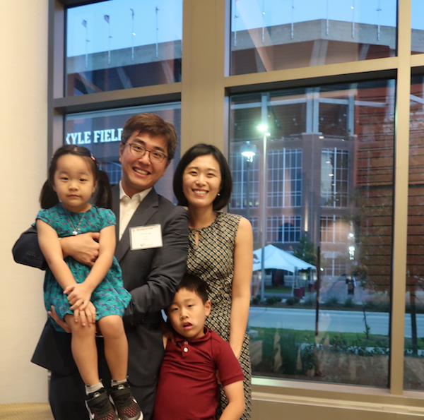 Dr. Un Young ’19 and family enjoying the symposium and celebration. Young spoke at the celebration dinner about his valuable time as a Ph.D. student at Texas A&M. (Photo by Ali Snell.)