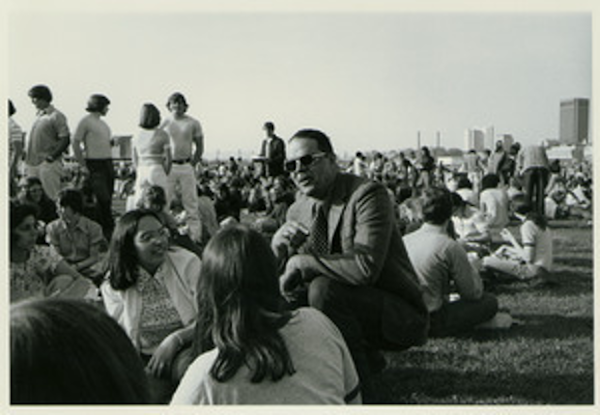 Dr. Randolph “Bill” Bromery, the first Black Chancellor of UMass Amherst, pictured engaging with students on UMass campus. (Photo courtesy of Dr. Bryant.)