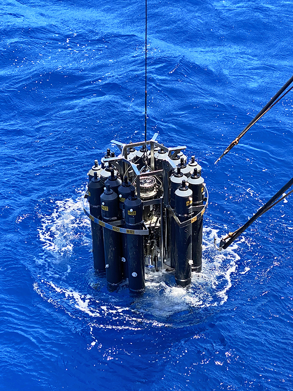 A Trace Metal CTD Rosette in the water. Image courtesy of Nathan Lanning.