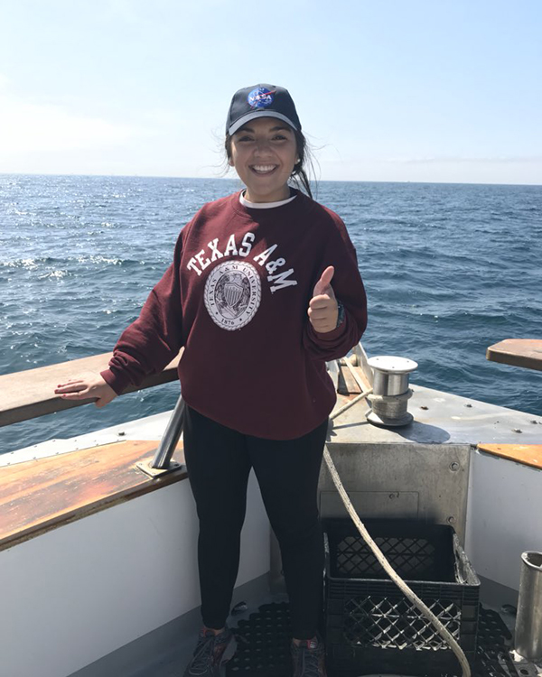 Castillo collecting data in the Santa Barbara Channel, California. (Photo courtesy of Ariana Castillo.)