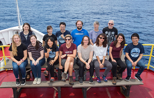 Expedition 378 science party noon to midnight shift. (Photo credit: Tim Fulton, IODP JRSO.)