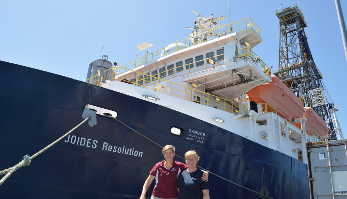 IODP Expedition 378 Co-Chief Scientists Dr. Debbie Thomas and Dr. Ursula Röhl, at the beginning of the expedition. (Photo courtesy of Dr. Debbie Thomas.)