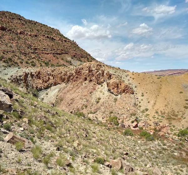 A spectacular example of a drag fold with the beds on the left (footwall) being deflected downward into a normal fault at Arches map area. Photo by Matt Dorsey.