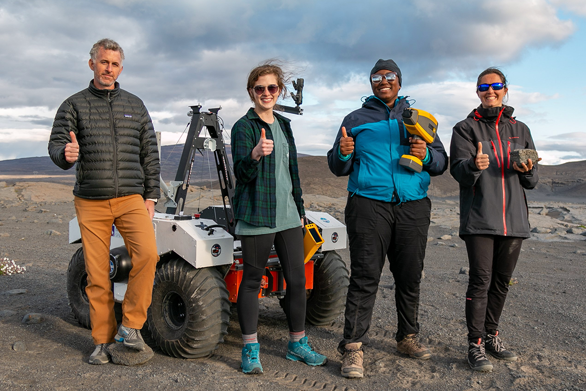 Texas A&M Geology and Geophysics researchers in Iceland: Dr. Ryan Ewing, professor; Emily Champion, undergraduate student; Kashauna Mason, doctoral student; and Dr. Marion Nachon, postdoctoral associate. (Photo by Nick Wilson, Texas A&M Marketing and Communications.)