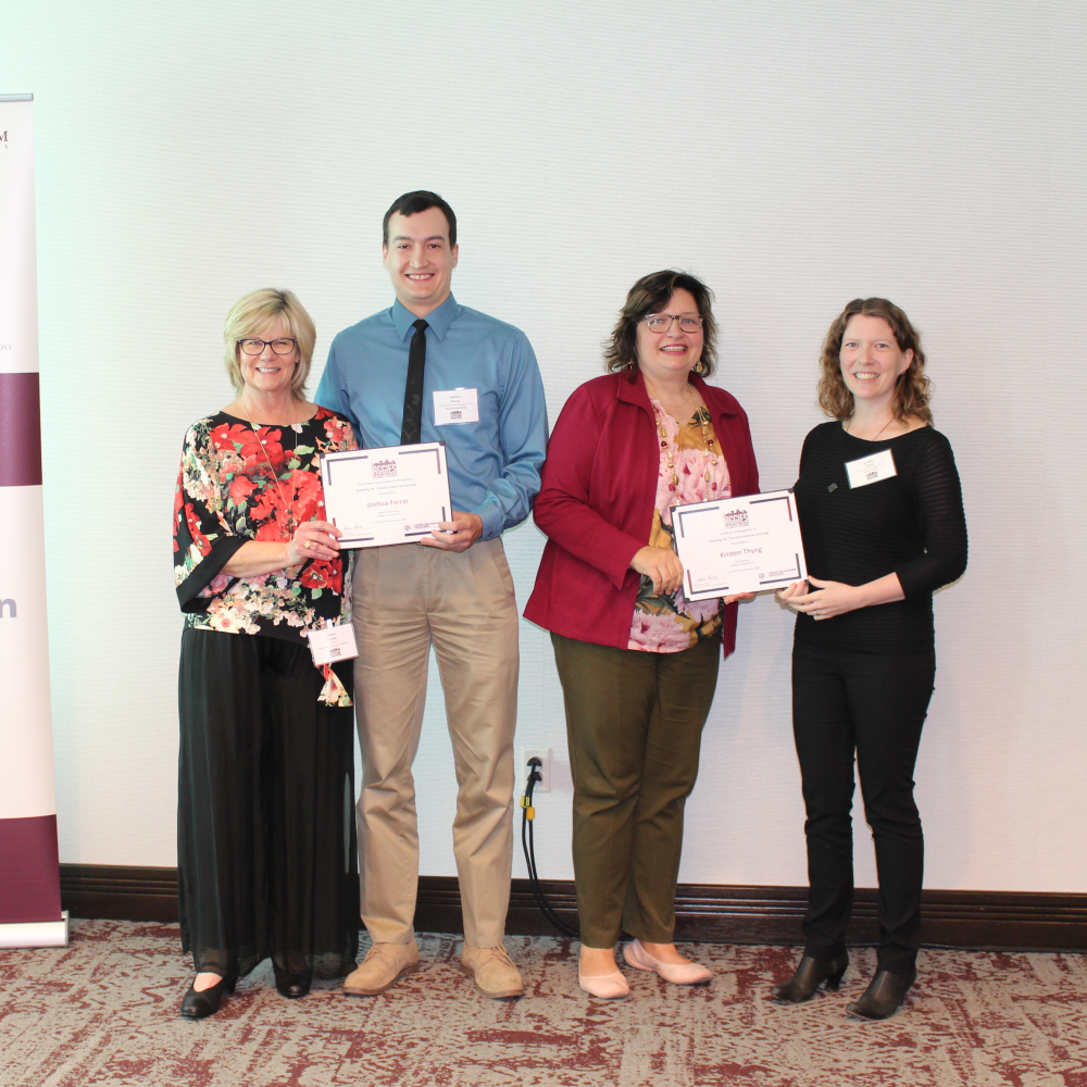 From left to right, Dr. Debra Folwer (Director of the Center for Teaching Excellence), Joshua Farrar (graduate student in Nautical Archaeology), Sherri MacWillie (project manager of the Center for Teaching Excellence) and Dr. Kristen Thyng (assistant research professor at Texas A&M Oceanography) at the “Aggies Celebrate Teaching! – Recognizing Transformational Learning” reception. (Photo provided by the Center for Teaching Excellence.)