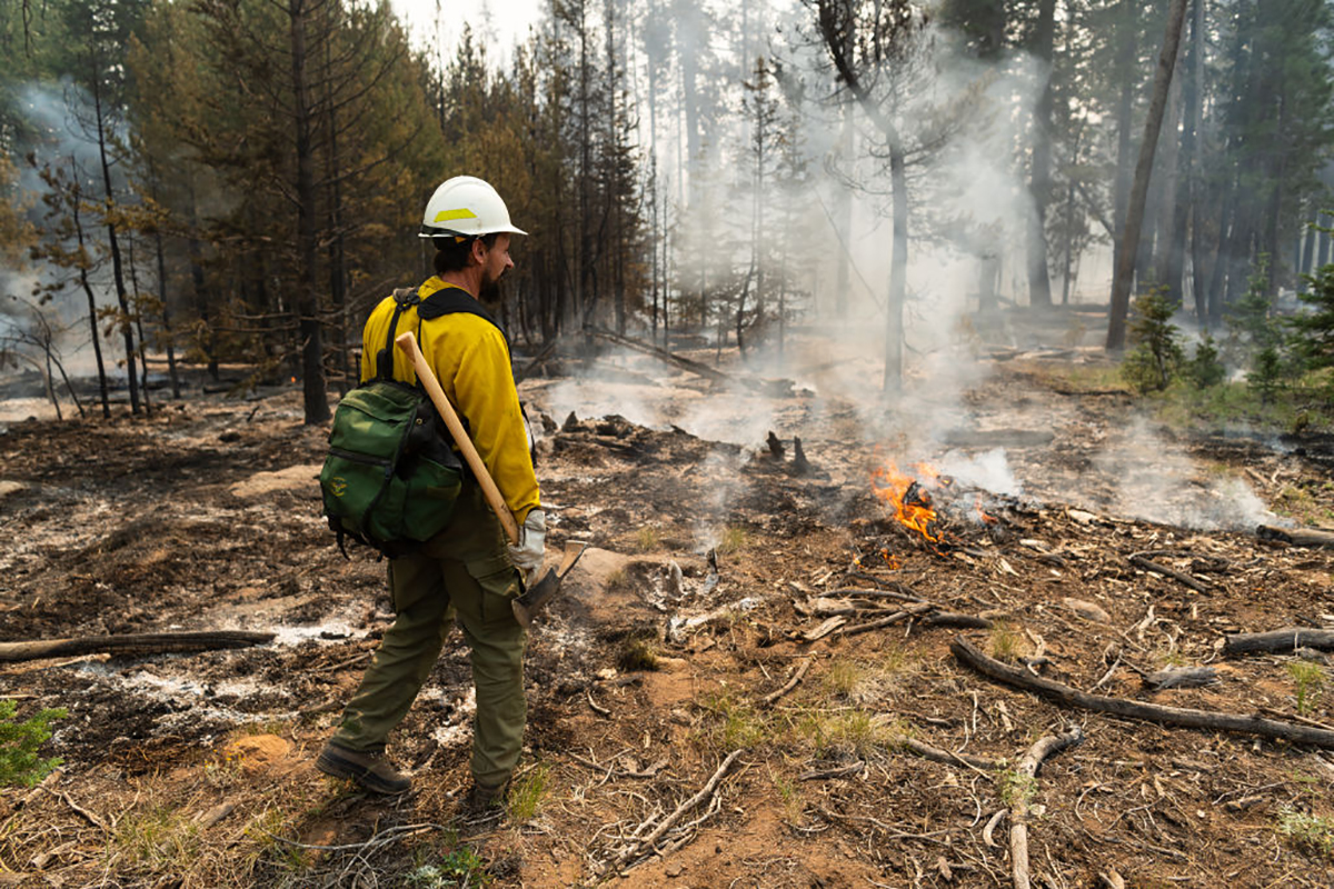 Fire Information Officer Jacob Welsh leads a media tour on the northern front of the Bootleg Fire on July 23, 2021 near Silver Creek, Oregon. Image credit: Mathieu Lewis-Rolland/Getty Images