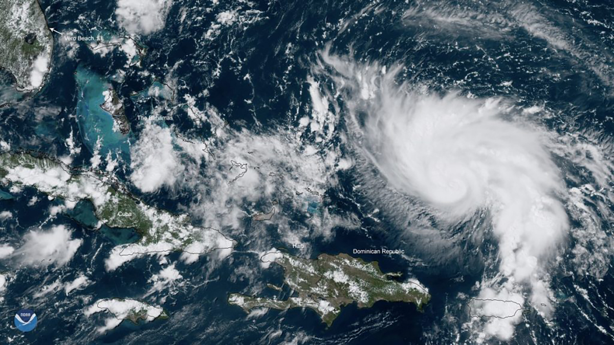 Satellite view of Hurricane Dorian on Aug. 29, 2019. Dorian passed directly over one of the blue hole sites that Dr. Peter van Hengstum has studied in the Bahamas. (Photo credit: NOAA Environmental Visualization Laboratory.)