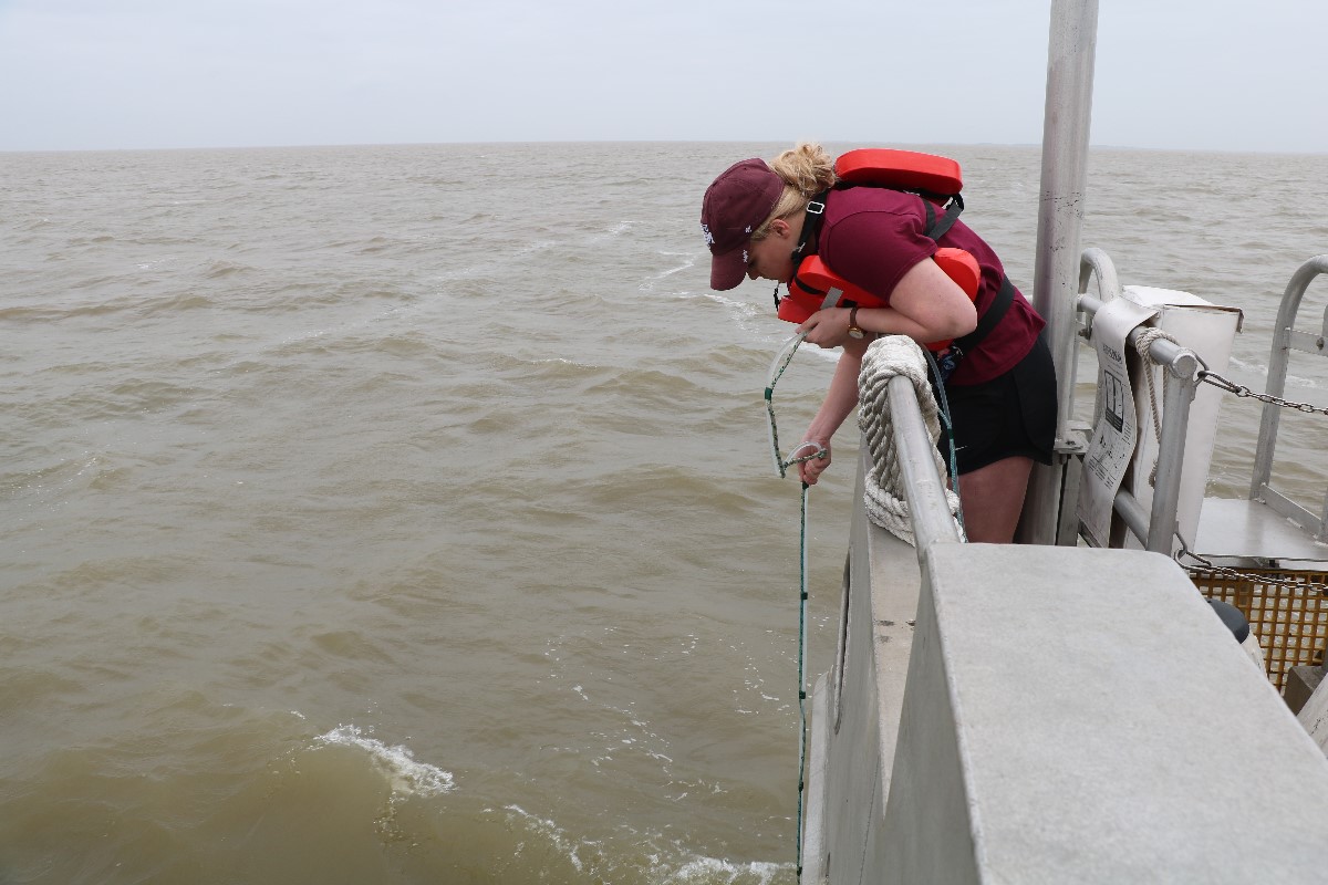 Undergraduate student, Reagan Lucas from Department of Chemistry, lowering the pump line. (Photo by: Bumsoo Kim)