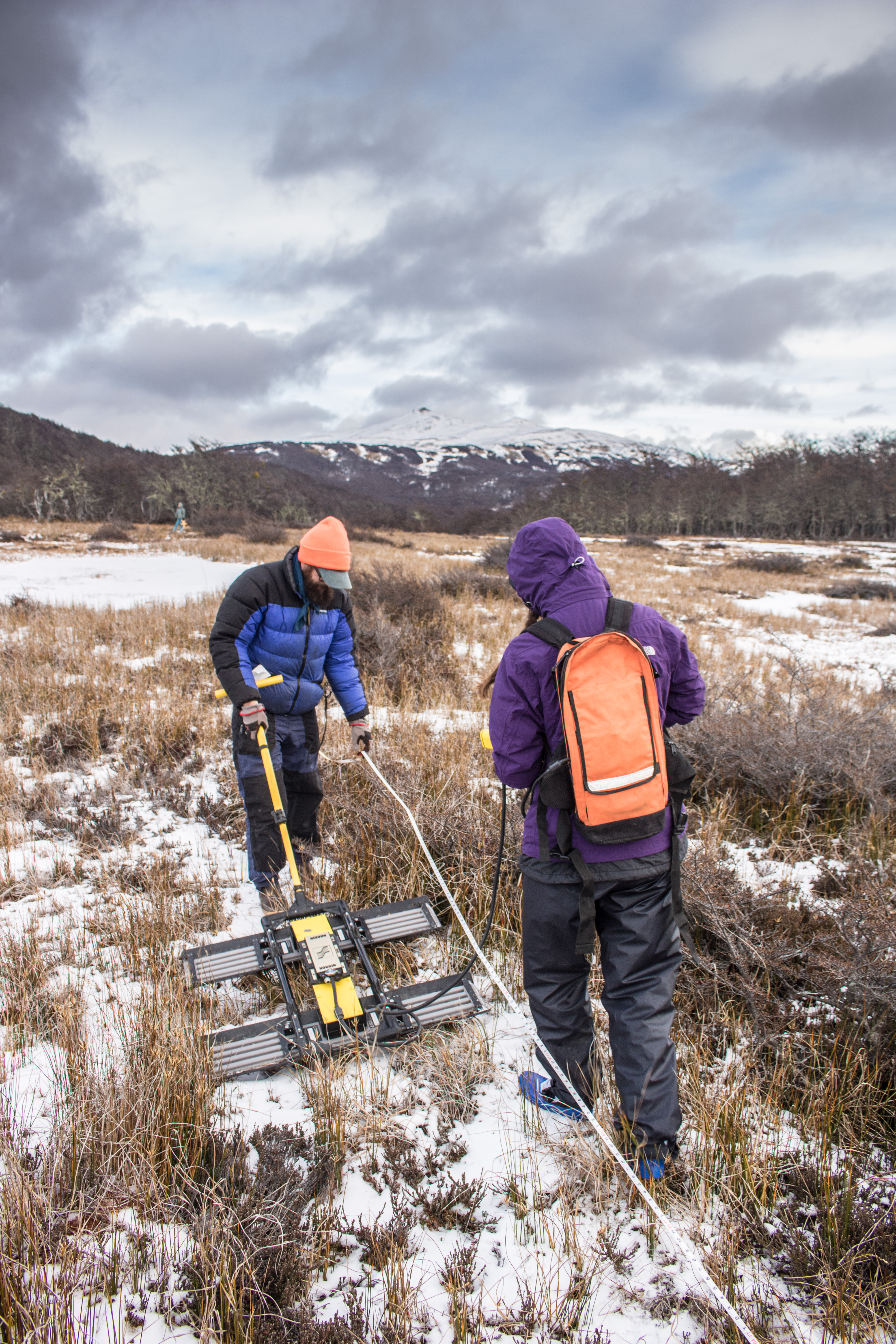 Students map the ground to prepare to collect peat samples. Photo by Patrick Campbell.
