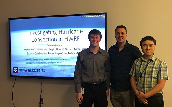 Lawton, with Dr. Bin Liu and Dr. Sergio Garcia, after giving a presentation on the HWRF Hurricane Model. (Photo Courtesy of Quinton Lawton)