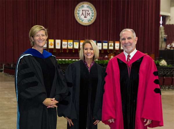 At Texas A&M’s Aug. 9 commencement ceremony: Dean of the College of Geosciences Dr. Debbie Thomas, NAS President Dr. Marcia McNutt, and University President Michael K. Young. (Photo courtesy of Texas A&M.)