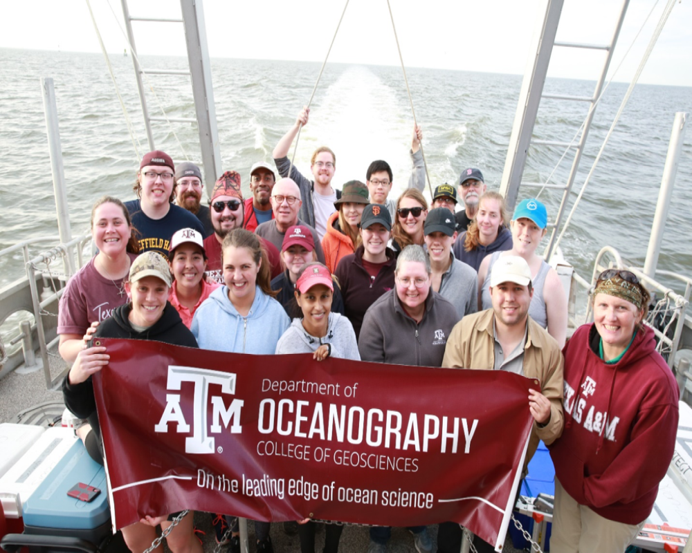 The faculty, staff, and students from Texas A&M who attended the March 23, 2019 cruise to Galveston Bay to sample the water, sediment, and air quality. (Photo courtesy of Jake Cox.)
