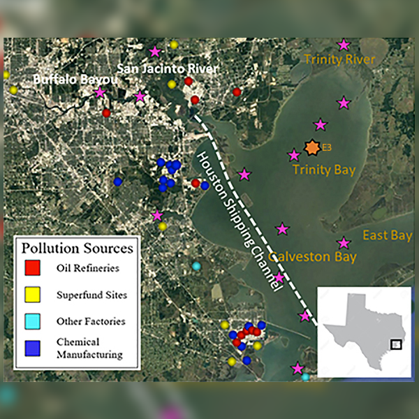 Map of Sampling locations. Sampling sites indicated by pink stars and the sediment core sample (E3) is indicated by the orange dot. Image credit: created by Nathan Lanning, Department of Oceanography; revised by Dr. Jessica Fitzsimmons.