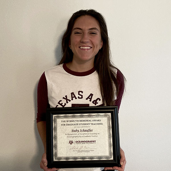 Ruby Schaufler with the certificate for the John Wormuth Memorial Award for Undergraduate Teaching. (Photo by Ruby Schaufler)