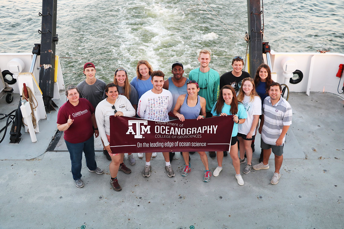 The Texas A&M Oceanography faculty and students who sailed on the inaugural Schade Cruise. (Photo courtesy of Dr. Chrissy Wiederwohl.)