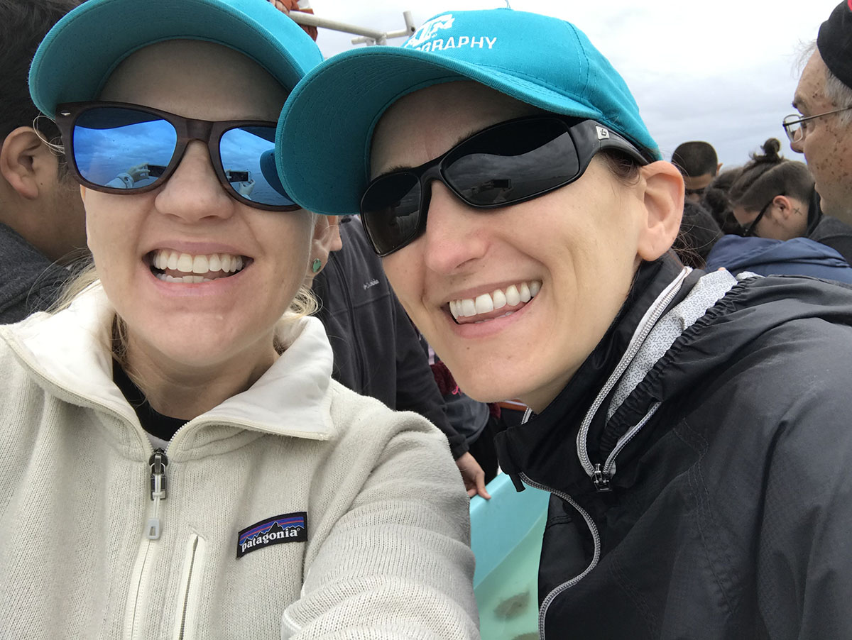 Drs. Kathryn Shamberger (left) and Chrissy Stover Wiederwohl (right)  on the Texas Floating Classroom's (TFC) R/V Archimedes. Dr. Wiederwohl nominated Dr. Shamberger for the Montague-Center for Teaching Excellence Scholar award. (Photo by Dr. Kathryn Shamberger)