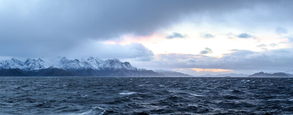 Sunrise on the JODIES Resolution JR100 Expedition 379T as the ship moves through the Strait of Magellan, off the coast of southern Chile. The Strait of Magellan is an important natural sea passage between the Atlantic and Pacific oceans. (Photo credit: Yair Rosenthall.)