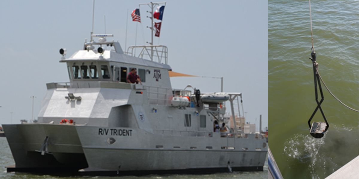 Sediment sampling from the R/V Trident using a Van Veen sediment grab sampler. Image credit: Texas A&M University at Galveston (left) and Chris Mouchyn, College of Geosciences, Texas A&M University (right).