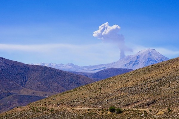 The Andes of southern Peru has an active volcanic arc. Perez observed a minor eruption during a scouting field season in 2017. (Photo courtesy of Dr. Nick Perez.)