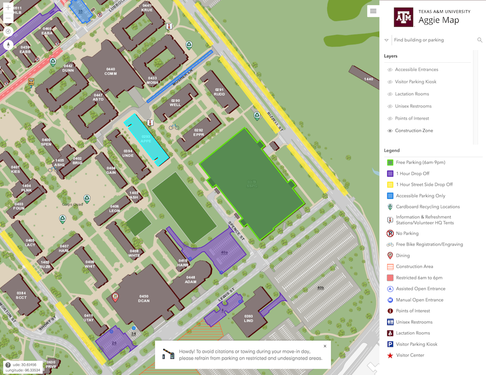 Move-in Day Parking map on Aggie Map.