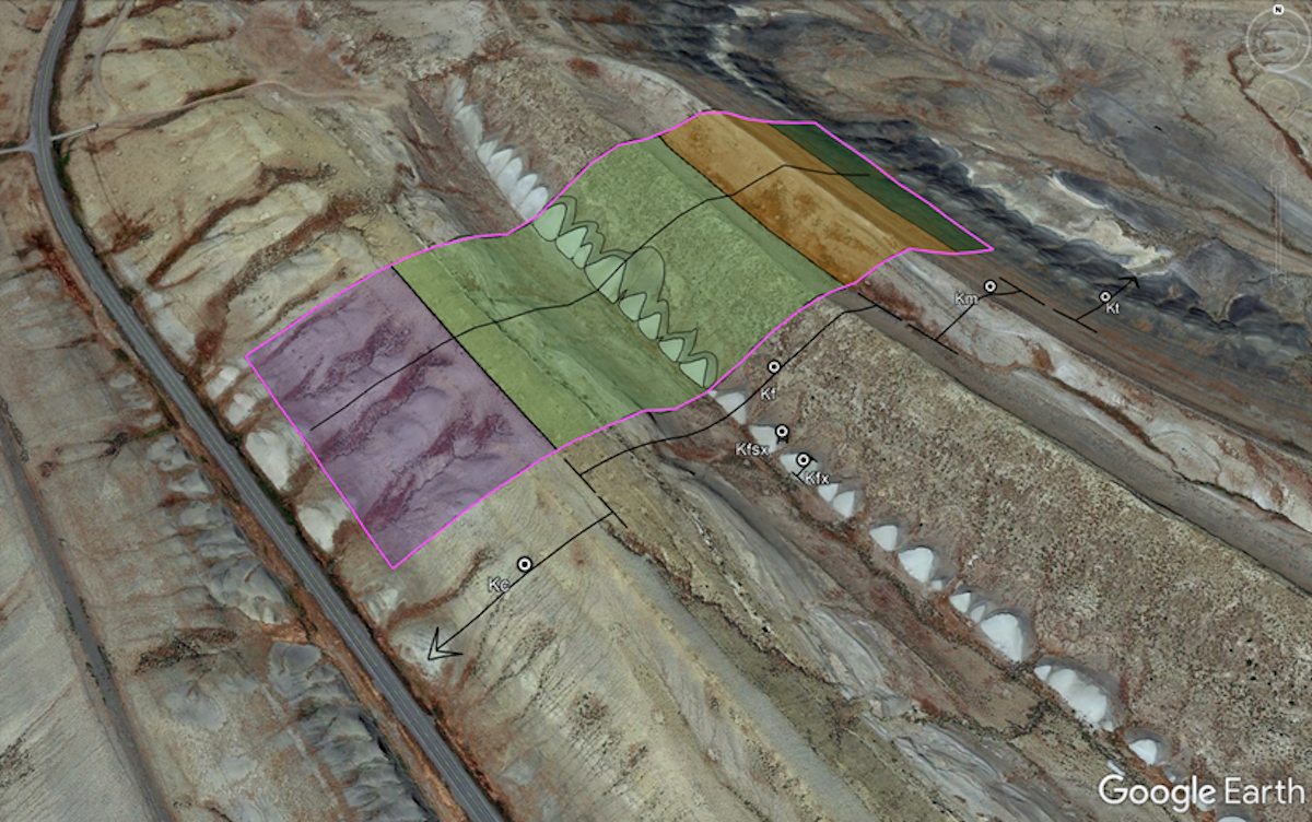 Google Earth image of mapping and structural interpretation of Goosegg Dome, Wyoming. (Photo courtesy of Dr. Miller.)