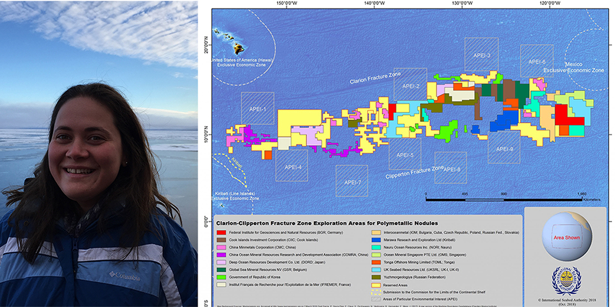 Dr. Jessica Fitzsimmons. Photo courtesy of Dr. Fitzsimmons. Map of the Clarion-Clipperton Zone. Credit: International Seabed Authority.
