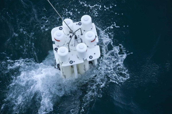 Niskin bottles deploying in the Gulf of Cadiz. (Photo courtesy of Campus del mar.)