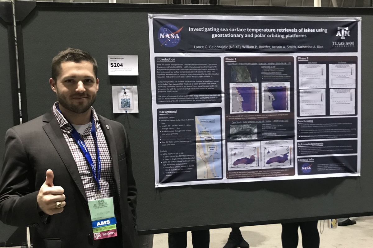 Lance Belobrajdic standing next to his poster at the 2020 American Meteorological Society Conference. (Photo courtesy of Lance Belobrajdic.)