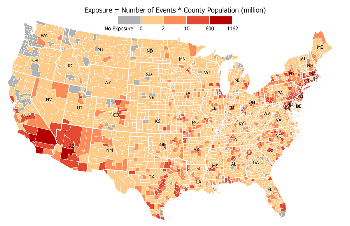 Map showing the exposure to flash flood in U.S. at a county-level scale. (Image courtesy of Dr. Lei Zou.)