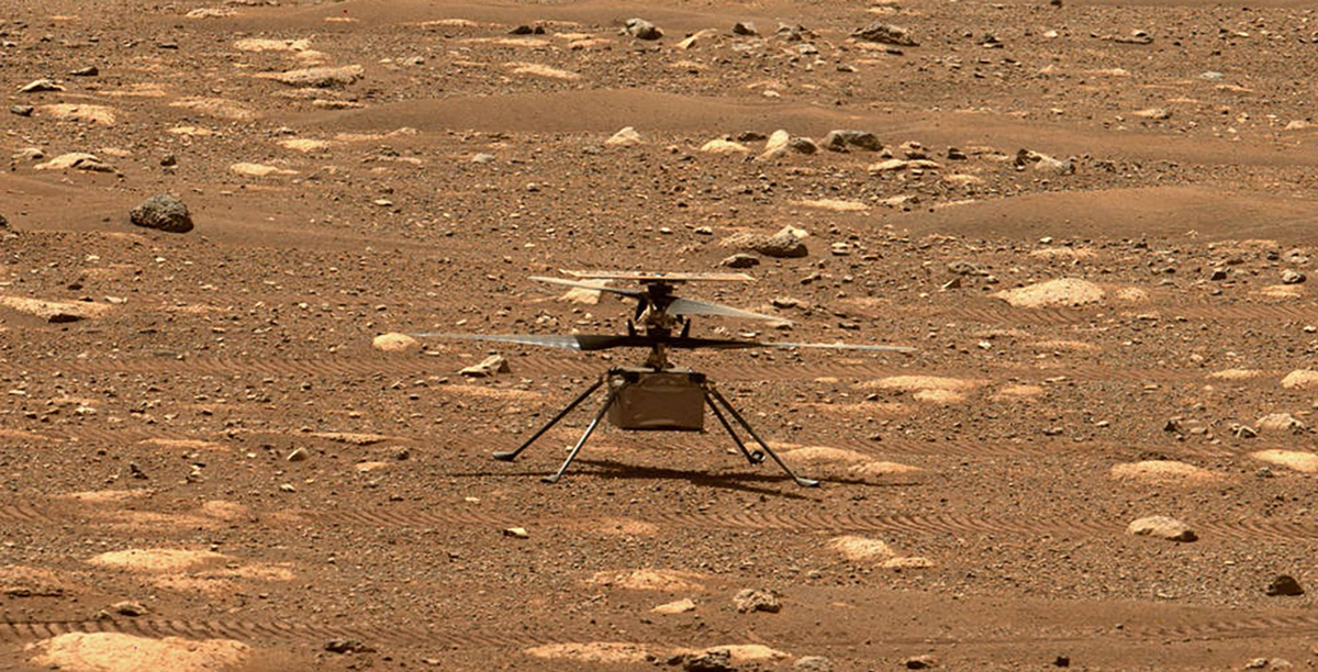 NASA’s Ingenuity helicopter unlocked its blades, allowing them to spin freely, on April 7, 2021, the 47th Martian day, or sol, of the mission. This image was captured by the Mastcam-Z imager aboard NASA’s Perseverance Mars rover on the following sol, April 8, 2021. (Image: NASA/JPL-Caltech)