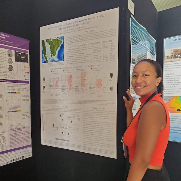 Dr. Bryant pictured presenting her research on at the 2019 International Conference on Paleoceanography in Sydney, Australia. (Photo courtesy of Dr. Bryant.)